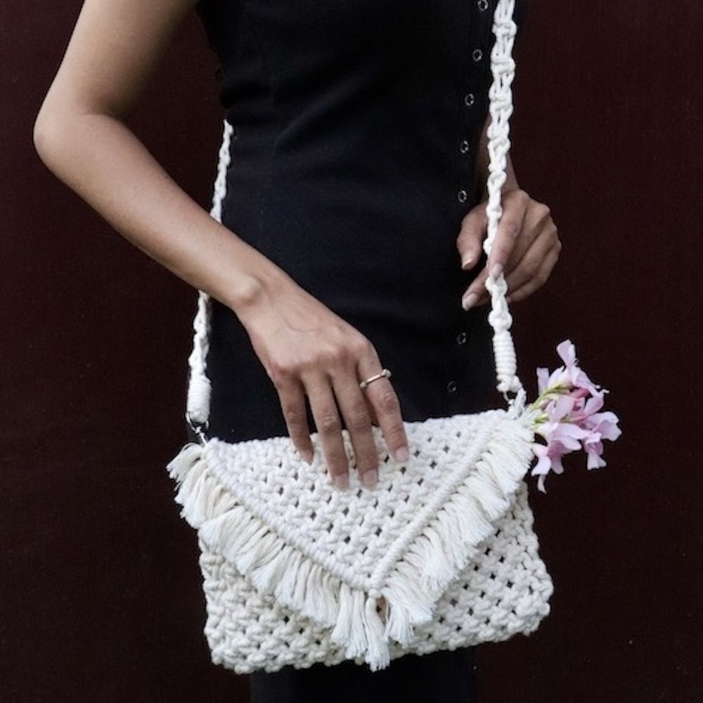 Macrame Clutch Bag with sling (Off-white) - Image 4